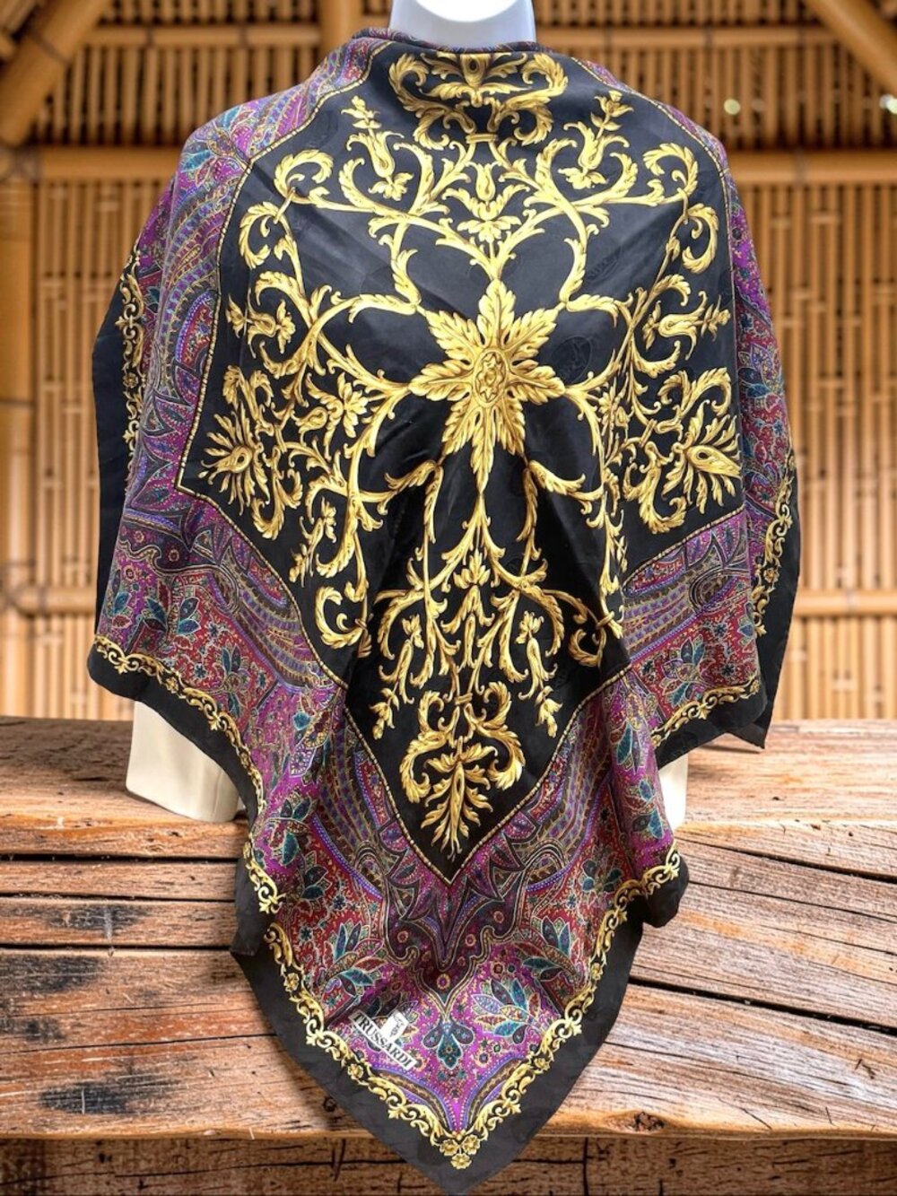 Vgt Trussardi 100% silk Scarf satin 35" Black Purple Burgendy Green Flora(17